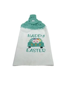 Easter Hanging Dishtowel Happy Easter in Turquoise With Car Crochet Top - Picture 1 of 5