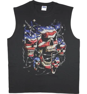 Mens sleeveless t-shirt USA American flag skulls biker vest muscle tee tank top - Picture 1 of 1
