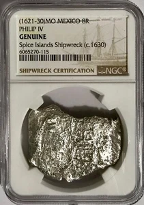 Old Silver Treasure Coin 1621-30 Mexico 8R Real Philip IV Cob NGC Gen Shipwreck - Picture 1 of 4