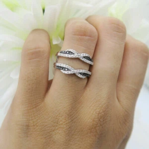 1 CT Lab Created Black & White 14K White Gold Over Wedding Enhancer Guard Ring - Picture 1 of 3