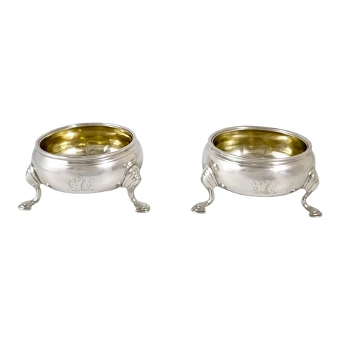George II gilt sterling silver pair 2 tripod cauldron salts unicorn family crest Cover