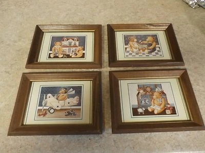 FOUR LANG 1985 TEDDY BEAR CARD PRINTS BY NITA SHOWERS IN WOOD FRAMES-L@@K! - Image 1 of 3