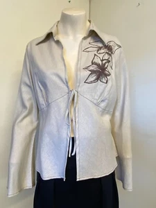 Beige Linen Blend Jacket Tie Front Floral Motif by Affections - Size Med - NEW! - Picture 1 of 6