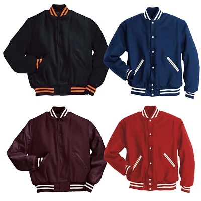 Unisex Varsity Letterman bomber style Jacket In Wool Sleeves & White Strips - Image 1 of 4