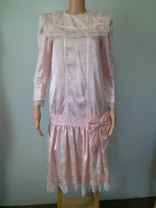 Vtg 80s GUNNE SAX Pink Satin Jacquard & Lace Drop Waist Victorian Style Dress XS - Picture 1 of 10