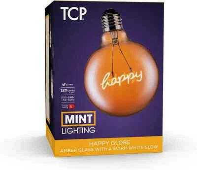 Large TCP 120L E27 G125 Happy Globe LED Warm White Light Bulb Amber Glass Retro - Image 1 of 3