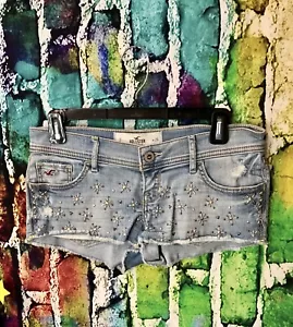 HOLLISTER Y2K Light Wash Denim Daisy Duke Low Rise Beaded Cut Off Short Shorts - Picture 1 of 7