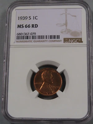 BU RED GEM 1939-S Lincoln Wheat Penny NGC MS66RD.  #12 - Image 1 of 4