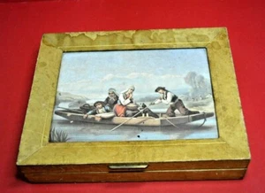 ANTICA E RARA SCATOLA DA CUCITO O PORTAGIOIE IN LEGNO E PELLE CON DIPINTO - Picture 1 of 4