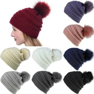 Womens Cable Pom-Pom Knit Slouchy Baggy Beanie Hat Winter Warm Ski Skull Cap Hat - Picture 1 of 20