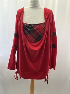 Red Tartan Check Long Sleeve Blouse XL Womens Mock Neck Jumper - Picture 1 of 11