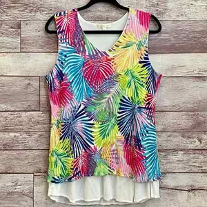 Hailey Lynn Rainbow Tropical Palm Leaf Lagenlook Sleeveless V-Neck Top - Size XL - Bild 1 von 11