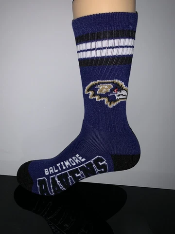 BALTIMORE RAVENS NFL FOOTBALL LOGO 4 STRIPE CREW LENGTH SOCKS LARGE Cover