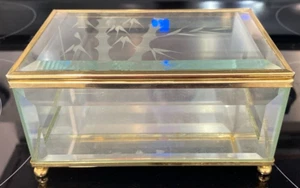 Etched Glass Trinket Box Footed Brass & Beveled Glass Hinged Lid Mirror Bottom - Picture 1 of 9