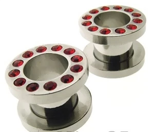 PAIR OF 00g GEM FLESH TUNNELS w/ RED STONES EARLET PLUGS - Picture 1 of 1