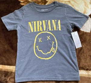 Nirvana Officially Licensed Kurt Cobain Smiley Face Retro Rock Tee 4/5 Kids New - Picture 1 of 7