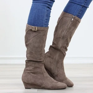 Taupe Faux Suede Round Toe Low Kitten Wedge Heel Mid Calf Boots - Picture 1 of 13