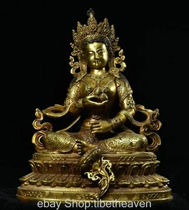 8.8" Antiguo Tíbet Cobre Dorado Budismo Verde Tara Guan Yin Diosa Estatua - Imagen 1 de 9