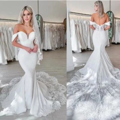 Satin Wedding Dresses Mermaid Lace Applique Train Off Shoulder Sexy Bridal Gown - Image 1 of 4