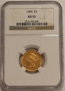 1868 Three Dollar NGC AU55 $3 Indian Princess Head Free Shipping!!! - Picture 1 of 4