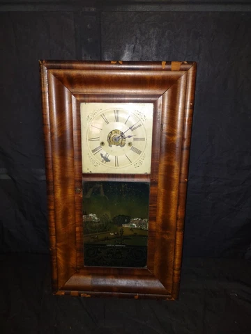 Antique JC Brown Wall Clock Weight Driven Clock for Parts or Repair Cover