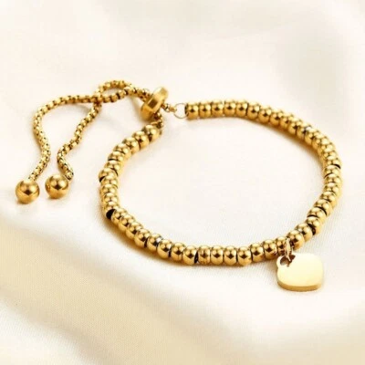 Woman 18K Gold Plated Stainless Steel Bead Ball Heart Chain Bracelet Bangle - Image 1 of 4