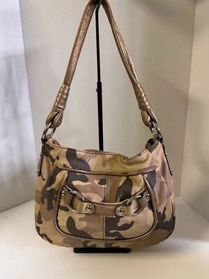 B Makowsky Brown Tan Camouflage Bronze Metallic Leather Shoulder Bag Purse Tote - Image 1 of 4