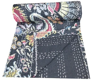 Indian Handmade Black Floral Print Kantha Quilts Twin Hand Quilted Gudri Decor - Picture 1 of 4