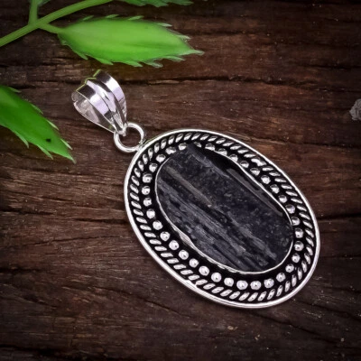 Gradevole Nera Tormalina Gemma 925 Argento Sterling Handmade Ciondolo 6.3cm - Immagine 1 di 3