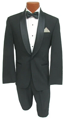 Men's Black Tuxedo with Pants 100% Wool One Button with Satin Shawl Lapels - Image 1 of 4
