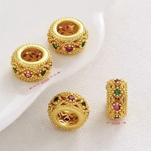 20x Frosted Gold Plated Brass Barrel Colorful Cubic Zirconia Hollow Beads 8mm - Picture 1 of 2