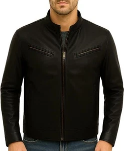 Chaqueta estilo motociclista de cuero genuino calce ceñido negra Café Racer para hombre - Imagen 1 de 5