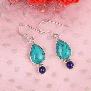 925 Sterling Silver Handmade Earrings Natural Turquoise & Lapis Stone Earrings - Picture 1 of 4