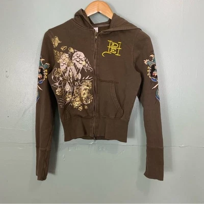 Ed Hardy Sudadera con Capucha Verde Cremallera Y2K Gráfico Dragón Pequeño Pájaro Recortado Foto 1 de 4