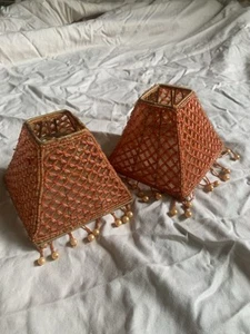 Vintage Mini Lamp Shades Light Orange Beaded Dangling Fringe Set of 2 Metal 4” - Picture 1 of 7
