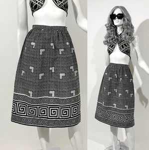 Vintage 1950s 60s MONOCHROME Geometric Greek Key print Cotton Skirt - Picture 1 of 10
