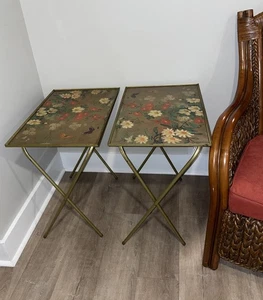 2 Vintage MCM Japeanes Stil faltbare Blumen TV Tabletts - Bild 1 von 13