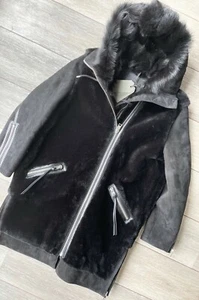 ALL SAINTS WOMEN'S BLACK "STATE LUX" SHEARLING COAT JACKET - MEDIUM - NEW & TAGS - Picture 1 of 12