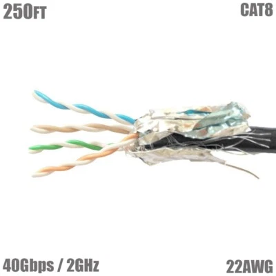 250FT CAT8 Network Ethernet Cable S/FTP CMR 40G 2GHz Solid Copper Wire Black - Image 1 of 4