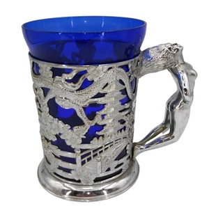 Vidrio azul cobalto con metal cromo diseño asiático Stein Tankard mango desnudo 5,5" - Imagen 1 de 10