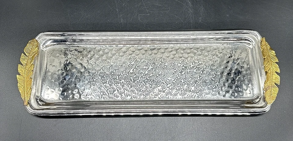 India Hammered Stainless Steel Brass Tray Badash Feathers Rectangle Serving 14" - Image 1 of 4