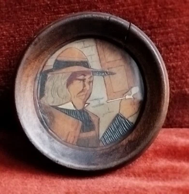 Médaillon FOUILLEN Paul PYROGRAVURE Bois gravé Bretonne à La Pipe Quimper - Photo 1/4