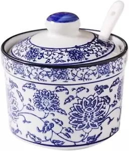 Ceramic Blue and White Sugar Bowl Spice Jar with Lid Spoon Seasoning Pot - Picture 1 of 12