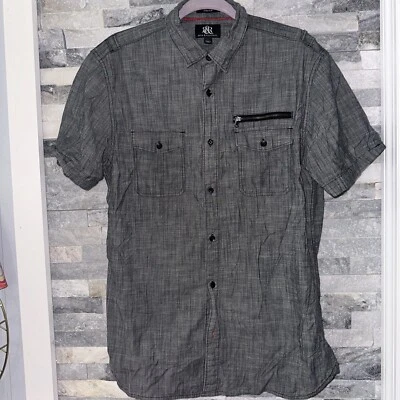Men’s Rock And Republic Gray Stretch Button Down Shirt L Large Lg Black Punk Emo - Image 1 of 4