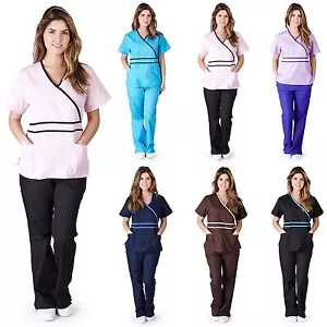 Medical Nurse Scrubs NATURAL UNIFORMS Contrast Mock Set Size XS S M L XL 2XL 3XL - Picture 1 of 24