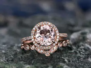 3Ct Round Lab-Created Morganite Wedding Bridal Set Ring Set 14K Rose Gold Finish - Picture 1 of 4