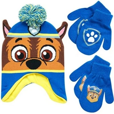 NUEVO PAW Patrol CHASE Niño Pequeño Niños Pompón Sombrero Estilo Peruano con 2 Pares Mitones Conjunto Foto 1 de 4