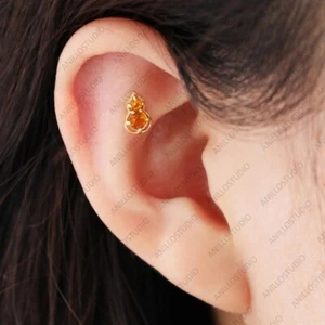 Citrine Gemstone Calabash Shape Wife Stud Earrings Jewelry 14K Solid Yellow Gold - Picture 1 of 8