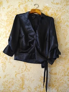 The Sang Women’s Top Black Polyester Satin Pleated Side Tie Size M Blouse Deep V - Picture 1 of 12
