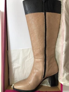NATURALIZER $469 FRANCES Taupe Black LEATHER RIDING BOOTS Shoes SZ 9.5 M - Picture 1 of 4